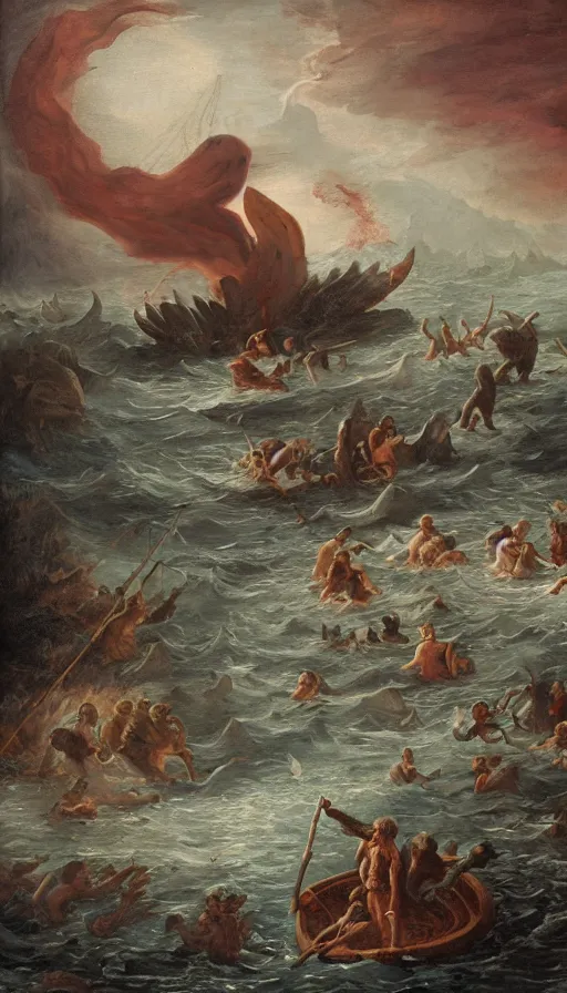 Image similar to man on boat crossing a body of water in hell with creatures in the water, sea of souls, by fortiche studio