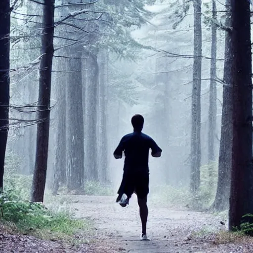 Prompt: a sporty guy runs alone through a forest with tall trees, acid-green sneakers, a photo from the back in perspective, art by Robert Kirkman,