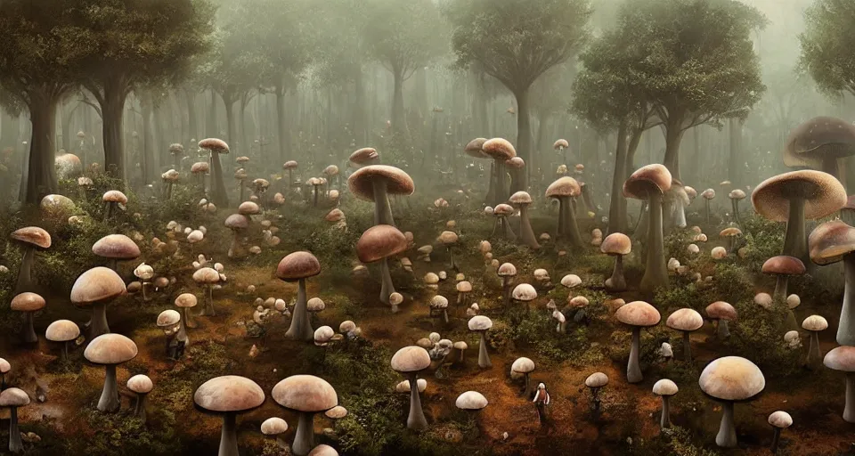 Image similar to A tribal village in a forest of giant mushrooms, by Jeremy Geddes