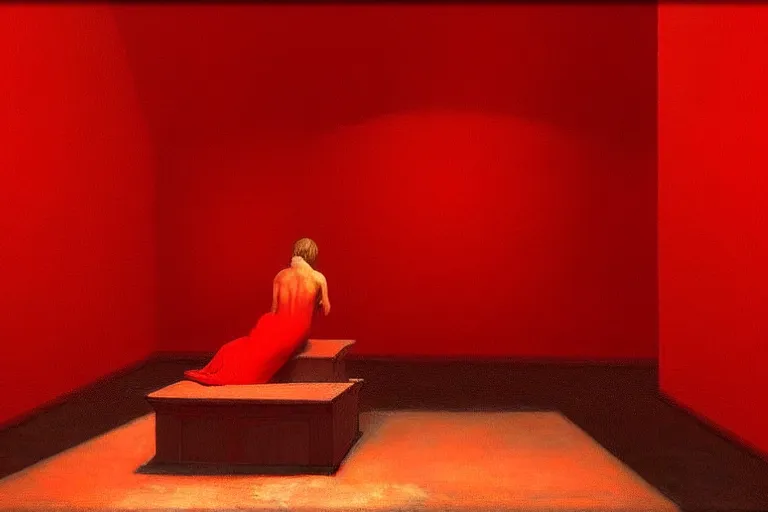 Image similar to only with red, crowd screaming, an exposed painting in a roman theater, in the style of beksinski, parts by edward hopper, parts by rodcenko, parts by yue minjun, intricate and epic composition, red by caravaggio, insanely quality, highly detailed, masterpiece, red light, artstation, 4 k