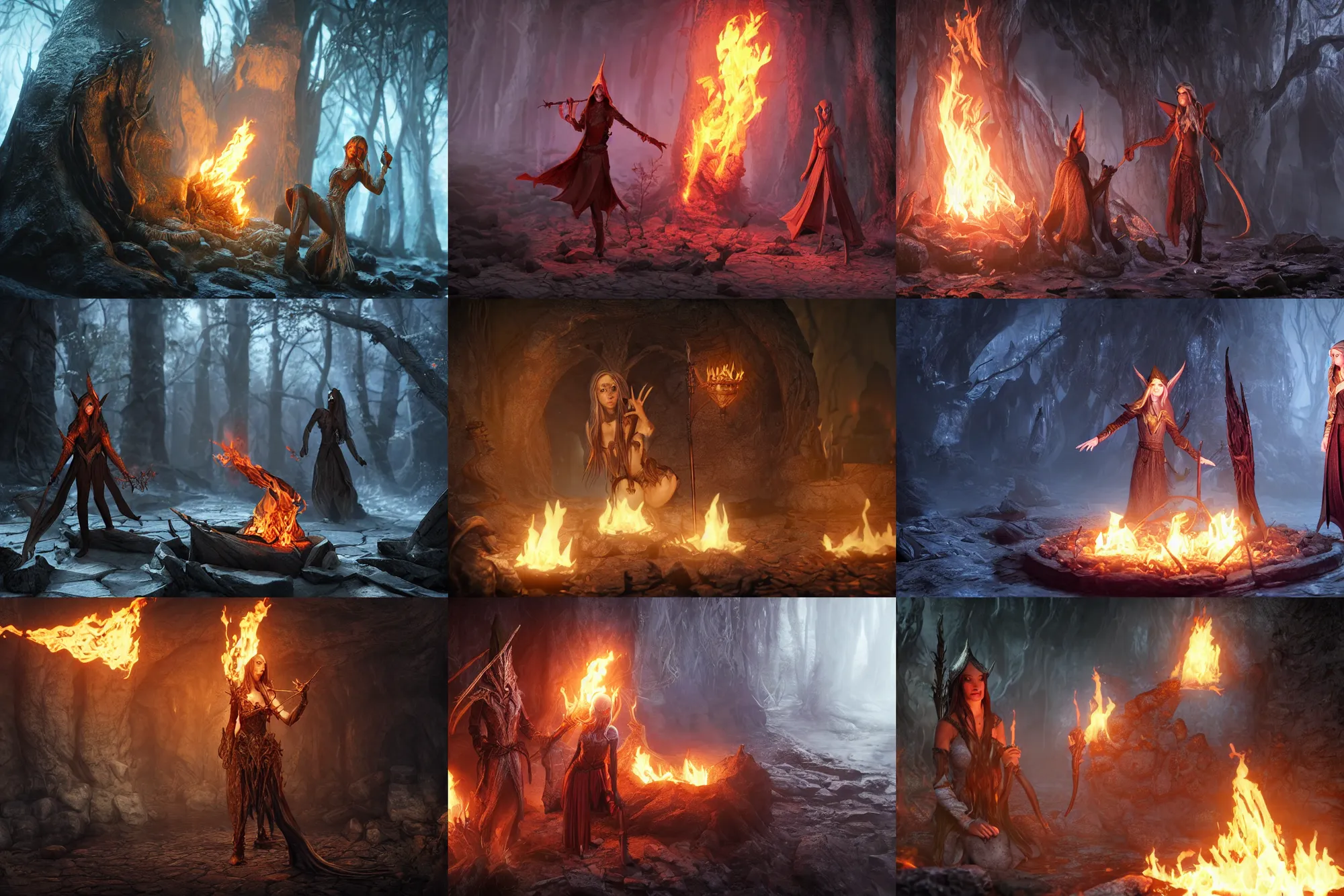Prompt: elven wild mage burned alive by their own magic in the Underdark, Unreal Engine 5, rendering, hyper-realistic, digital art, award winning, inferno