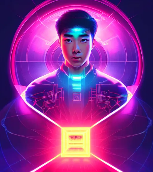 Image similar to symmetry!! asian prince of technology, solid cube of light, hard edges, product render retro - futuristic poster scifi, lasers and neon circuits, handsome asian prince, intricate, elegant, highly detailed, digital painting, artstation, concept art, smooth, sharp focus, illustration, dreamlike, art by artgerm