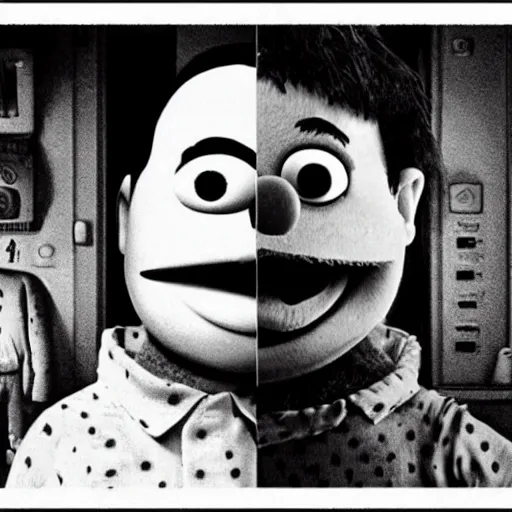 Prompt: 90's horror film about Bert and Ernie from sesame street, photorealistic, highly detailed