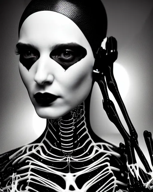 Prompt: black and white cyborg-plant goddess high quality fashion portrait, artificial intelligence, bio-mechanical bio-luminescence, artificial spider web, neurons, nerve cells, octane render, cinematic, hyper realism, high detail, 8k, in the style of Steven Meisel and Dora Maar and H.G. Giger