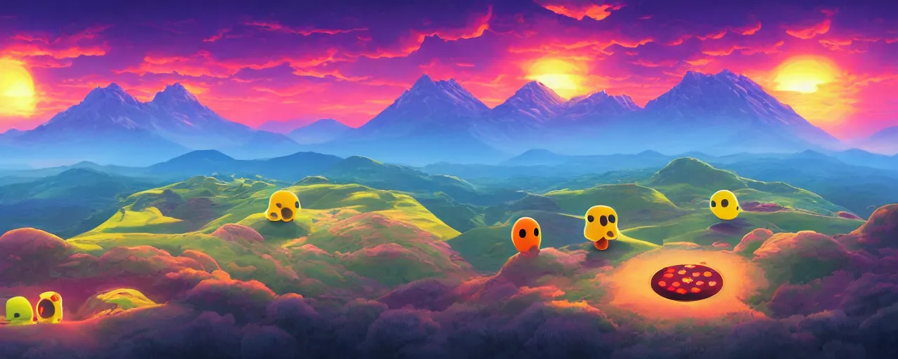 Image similar to detailed round pacman, with ghosts, in a beautiful nature landscape with clouds, mountains, in background, sunset, by rhads, round pacman, detailed, coherent