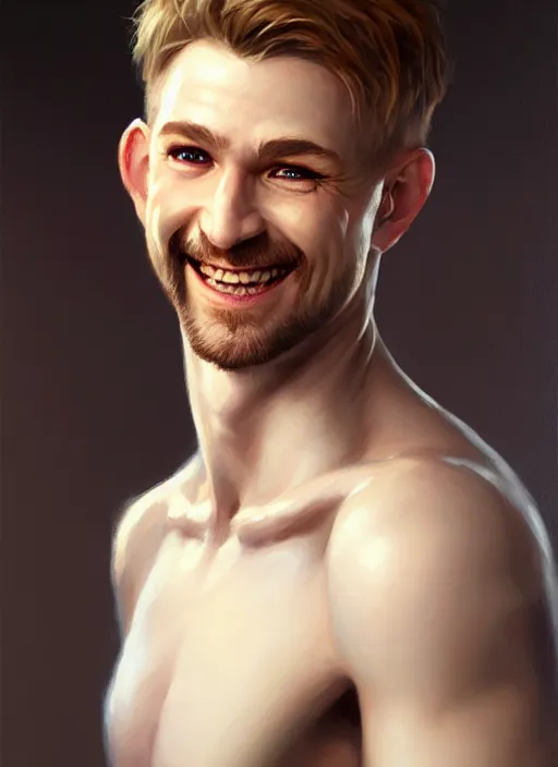 Image similar to a _ fantasy _ style _ portrait _ painting _ of white male short fringe light brown hair short face grinning, rpg dnd oil _ painting _ unreal _ 5 _ daz. _ rpg _ portrait _ extremely _ detailed _ artgerm _ greg _ rutkowski _ greg