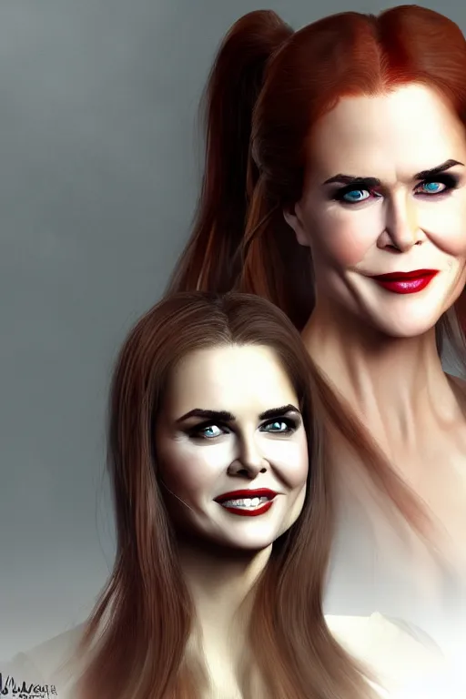 Image similar to mix of beautiful young maria shriver, mariel hemmingway, brooke shields, nicole kidman and elle macpherson as a vampire showing vampire teeth, ready to bite, thin lips, hair tied up in a pony tail, dark blonde hair, colorful, artstation, cgsociety