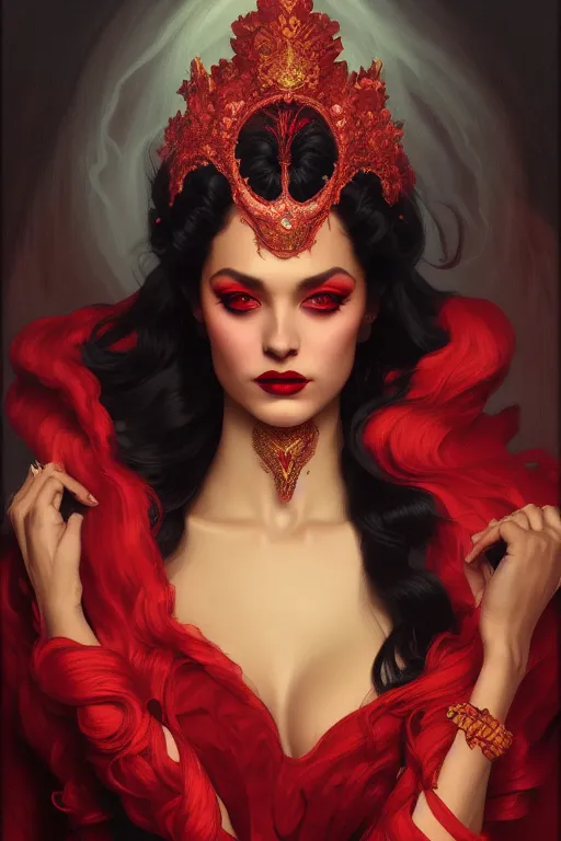 Prompt: highly detailed oil painting, red ombre velvet gown, beautiful elegant demon queen, dark deep black skin, beautiful face by leyendecker, black feathers, long hair, dozens of jeweled necklaces, by greg rutkowski, brom, anato finnstark, alphonse mucha, cinematic lighting,