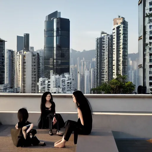Image similar to a small rooftop with a couple of people sitting and watching the view, wearing black modern clothes, designed by rick owens, messy short hair, modern hong kong is on the background, sunset, pale colors, by gregory crewdson