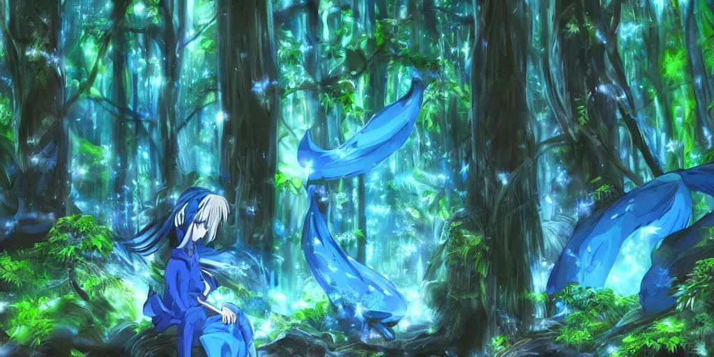 Prompt: blue spirits in a rainforest. anime art style