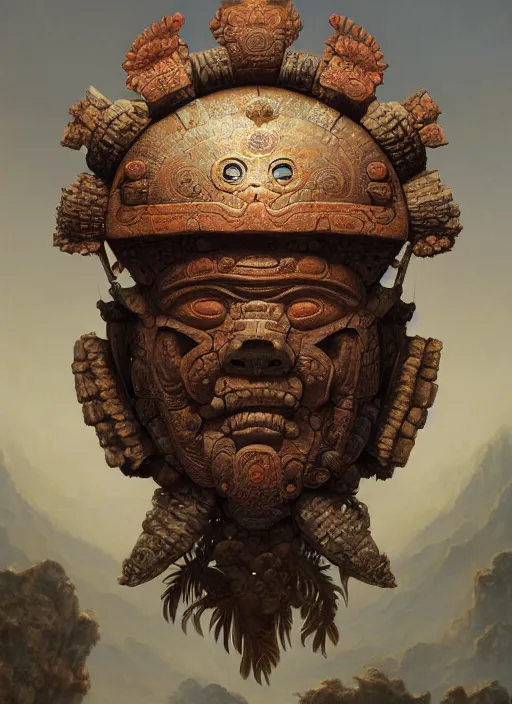 Image similar to Helmet of a forgotten Mayan Deity, ivory, corals, extremly detailed digital painting, in the style of Tomasz Alen Kopera and Fenghua Zhong and jeremy lipking and Peter Mohrbacher, mystical colors, rim light, beautiful lighting, 8k, stunning scene, raytracing, octane, trending on artstation