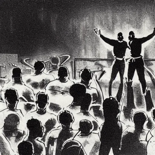 Prompt: concept art of an old school hip hop concert taking place on a basketball court behind a large brick apartment at night, many people dancing with their hands in the air, a rapper is standing on stage yelling into the mic, a dj with audio equipment at the back of the stage, in the style of frank frazetta