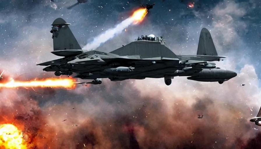 Image similar to big budget movie about a world war 2 spaceship battle using aircraft carriers