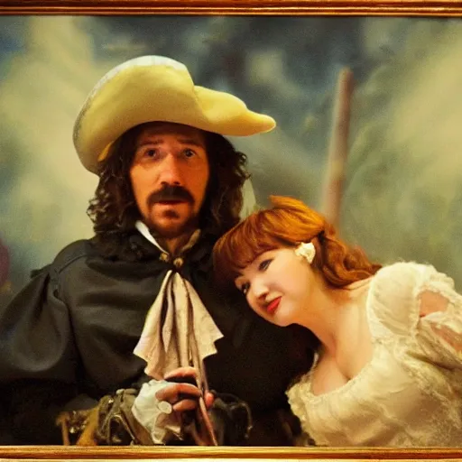 Prompt: Cyrano de Bergerac and Roxanne (Haley Bennet), are looking a teach other hand romantically. dramatic, high contrast, romantic, theatrical, lumnious, cinematic lights, oil canvas by Csók István, Munkácsi and Hollósy Simon