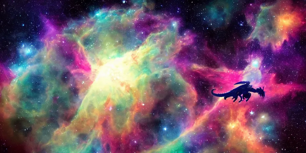 Image similar to an alien dragon flying in outer space, epic nebula