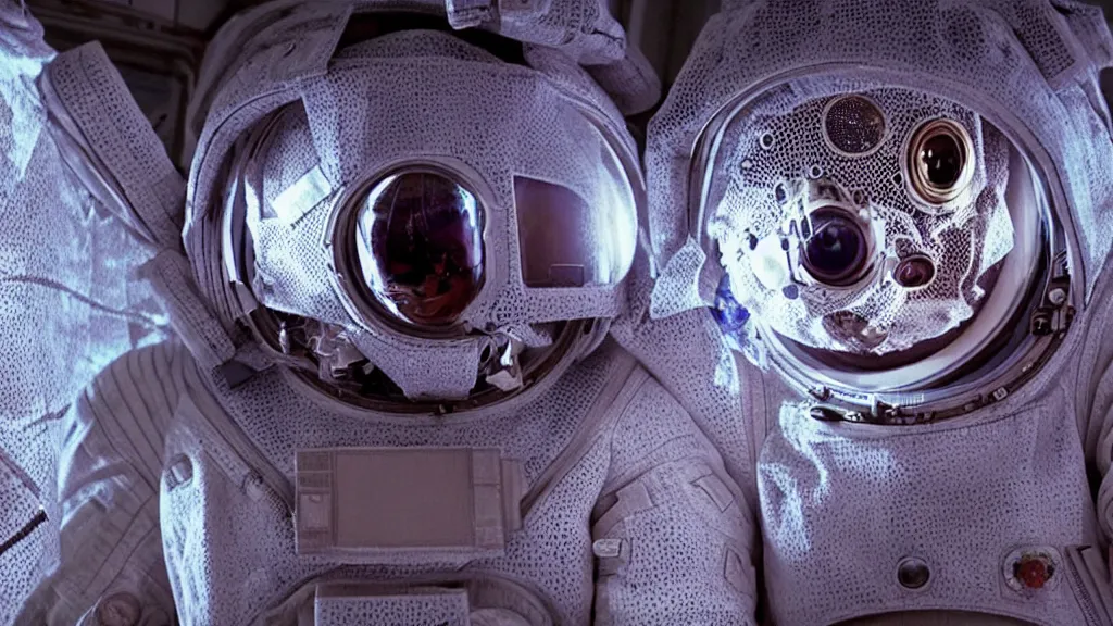 Image similar to a single astronaut eva suit interwoven with diamond 3d fractal lace iridescent bubble 3d skin and covered with insectoid compound eye camera lenses floats through the living room, film still from the movie directed by Denis Villeneuve with art direction by Salvador Dalí, wide lens,