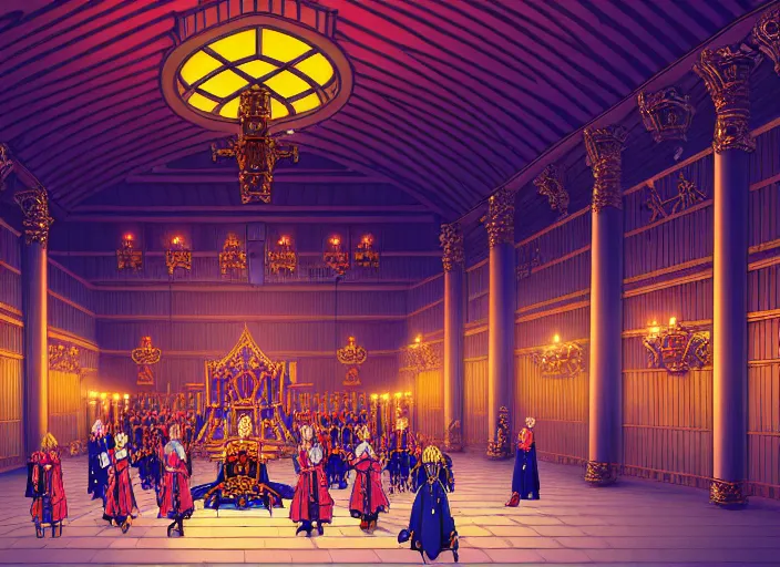 Prompt: key anime visual portrait of a castle's main hall interior with throne, servants, nobles, designed by mika pikazo, dynamic pose, dynamic perspective and angle, cinematic, film grain, detailed, intricate, at night, dramatic lighting, colorful, vivid