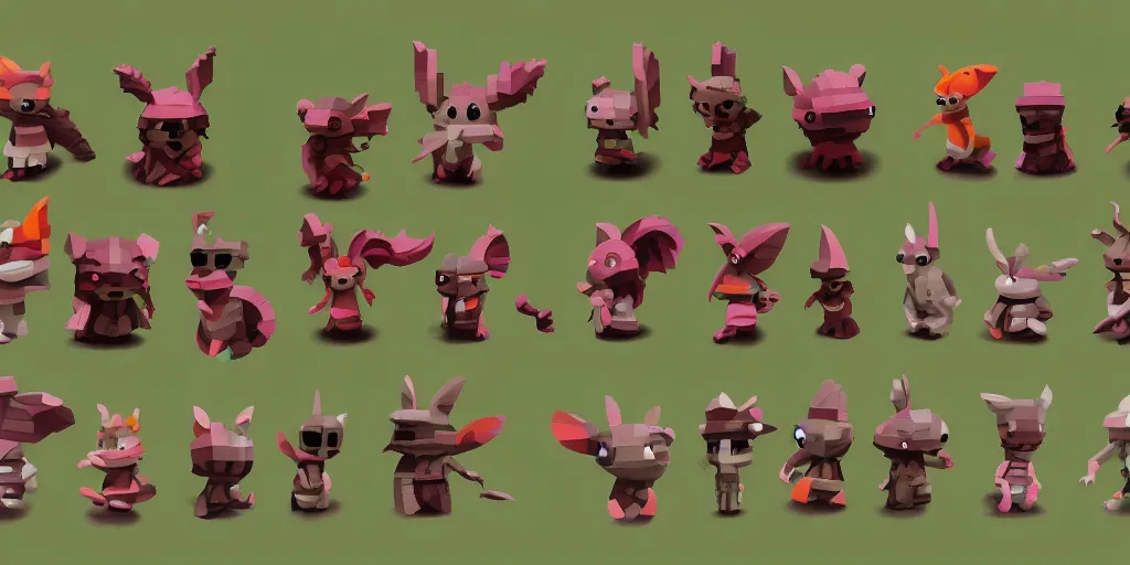 Image similar to small creatures called critters, made out of individual bricks. cute looking, kawaii, sharp focus, moebius, character sheet, game concept art, brush work, very blocky