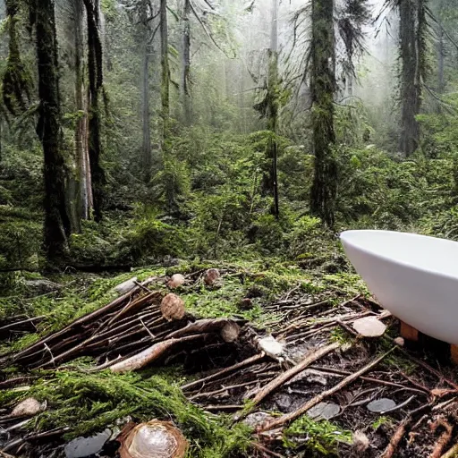 Image similar to pristine porcelain bath filled with bubbles in a clearcut rainforest, slash and burn, cleared forest, deforestation, bubble bath, overflowing with bubbles, tree stumps, smouldering charred timber, pile of timber