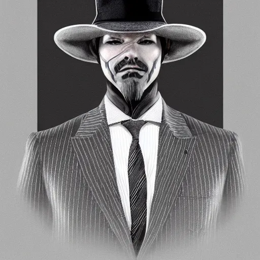 Image similar to a upper body portrait of a deer lord in a pinstriped suit and pants wearing a fedora with the antlers sticking out of the fedora by artgerm and wlop, intricate detail, digital art, photorealistic, trending on artstation