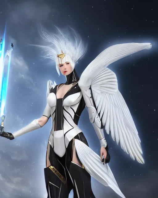 Image similar to perfect white haired attractive egyptian goddess with huge white dove wings, warframe armor, beautiful, symmetric, charlize theron, half asian, pretty face, blue eyes, android, scifi platform, laboratory, experiment, 4 k, ultra realistic, epic lighting, android body, illuminated, cinematic, masterpiece, art by akihito tsukushi, voidstar