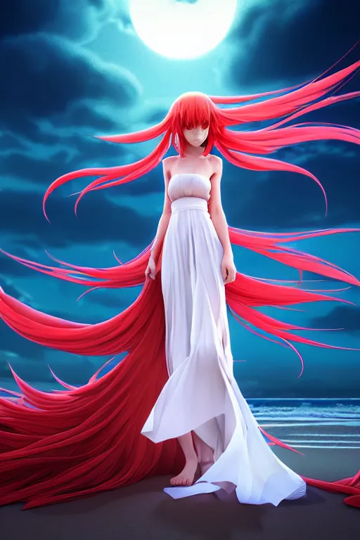 Image similar to Dark infrared octane render panoramic shot of a beautiful anime girl in a long white dress on a beach. Red hair, dramatic lighting, trending on artstation. Pixiv, Hyperdetailed, Ultra HD, WLOP, Rossdraws, James Jean Marc Simonetti, Ruan Jia and Mandy Jurgens and Artgerm and William-Adolphe Bouguerea, Sakimichan, Yuru camp, Illustration, digital art, concept art, manga cover