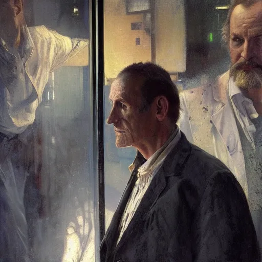 Image similar to hyperrealist portrait of a thin mean old man with a lab coat standing in front of a computer simulation by jeremy mann and alphonse mucha, fantasy art, photo realistic, dynamic lighting, artstation, poster, volumetric lighting, very detailed faces, award winning