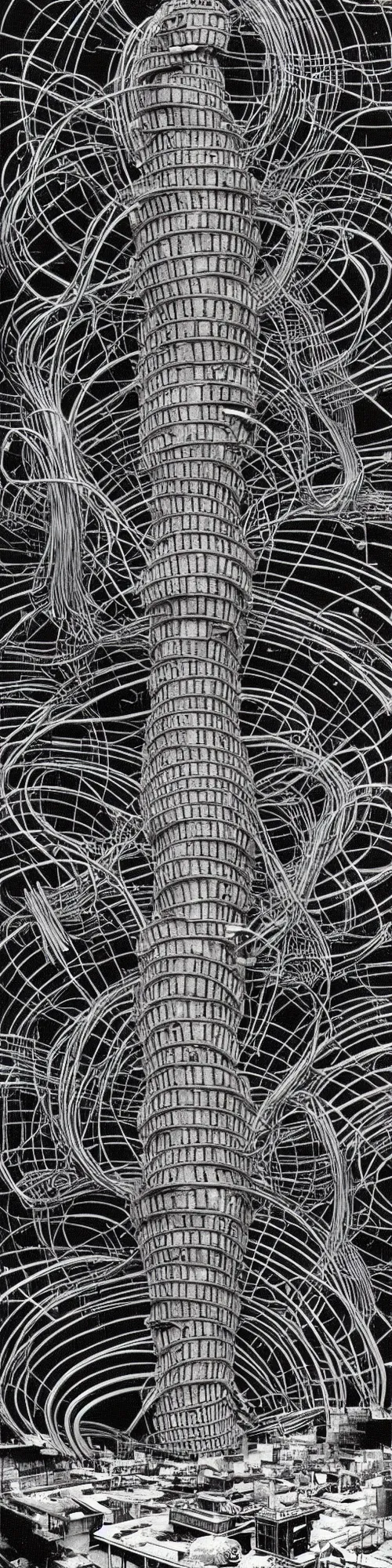 Image similar to hologram king kong and godzilla spiraling together like liquid smoke, loose wires, exposed circuits, trash, china monster building, brutalism, hr giger, basil wolverton, minakari, vegetal patterns