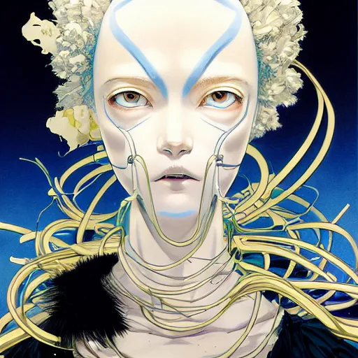 Prompt: prompt : ivory and blue and black portrait soft light painted by james jean and katsuhiro otomo and erik jones, inspired by evangeleon anime, smooth face feature, intricate oil painting, high detail illustration, sharp high detail, manga and anime 1 9 9 9