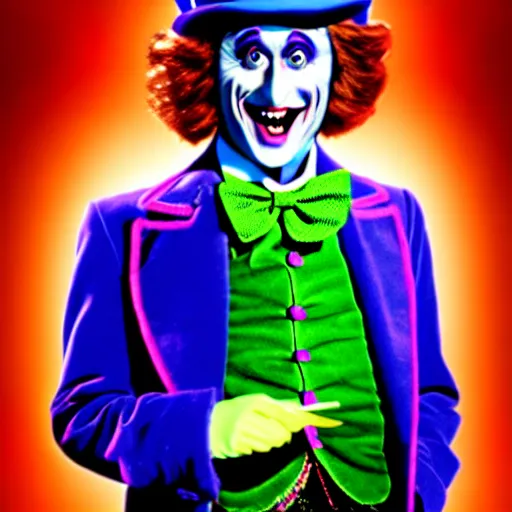 Prompt: uhd photorealistic willy wonka as an insane magician, wearing bizarre makeup, correct face, uhd hyperdetailed