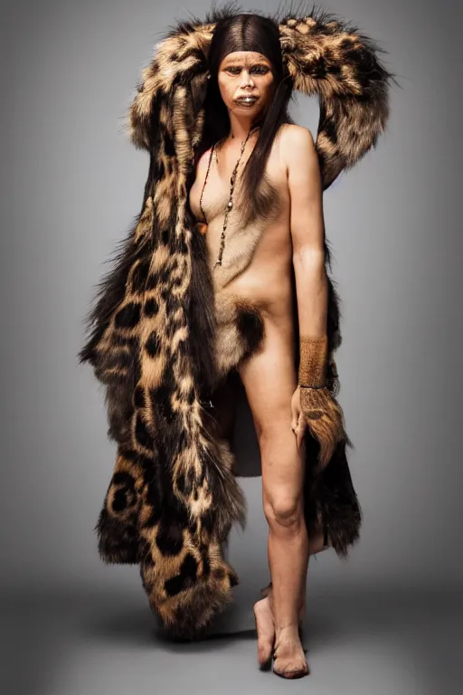 Image similar to a neanderthal woman wearing animal skin, posing as a model for vogue, studio lighting