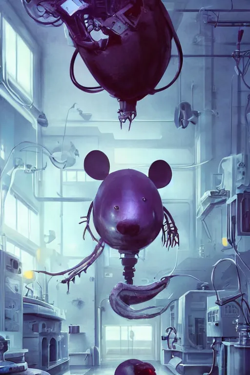 Prompt: many mechanics in lab facility looking at bloody disney mouse head lifted by claw, made by beeple, cgsociety, artgerm, greg rutkowski, highly detailed intricate 4 k art, low light cinematic, octane render, unreal engine, smooth concept art