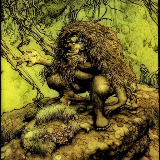 Prompt: a troll on a rock in a forest, dramatic lighting, fluid, smooth, bright, colours, high contrast, sharpness, very detailed, intricate, by richard corben and moebius and briand froud and arthur rackham and john bauer