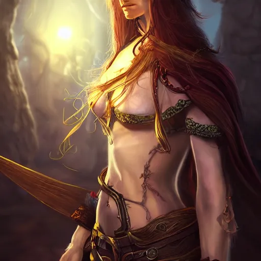 Image similar to portrait of a elven female pirate, fantasy setting, digital art, dramatic lighting, illuminated, cinematic