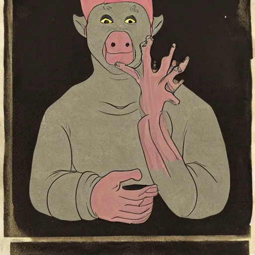 Prompt: portrait of mutant with horn in form of hand, anime, transplanted hand to head, surgery, bump in form of hand, growth on head, hippo, unicorn