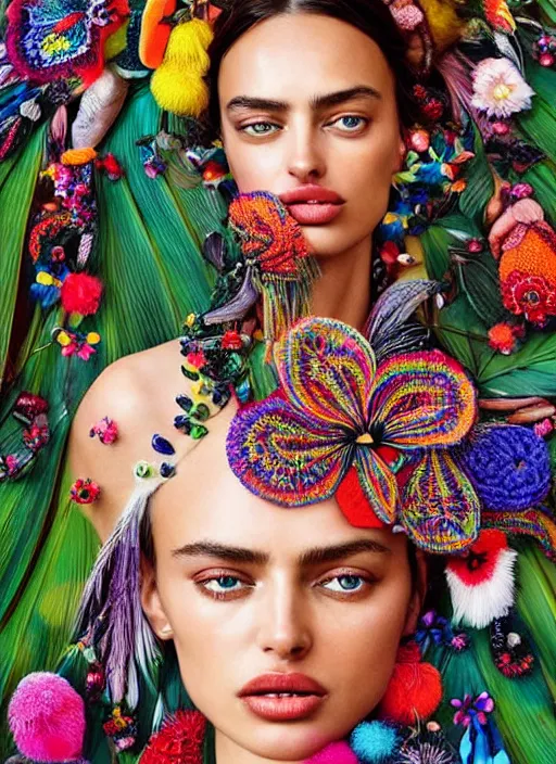 Image similar to beautiful portrait of Irina Shayk wearing fantastic Hand-dyed cotton dress,embellished beaded feather decorative fringe knots ,colorful pigtail,subtropical flowers and plants,symmetrical face,intricate,elegant,highly detailed,8k,digital painting,trending on pinterest,GUCCI,PRADA,harper's bazaar,concept art, sharp focus,golden ratio,illustration,by artgerm,Tom Bagshaw,Lawrence Alma-Tadema,greg rutkowski