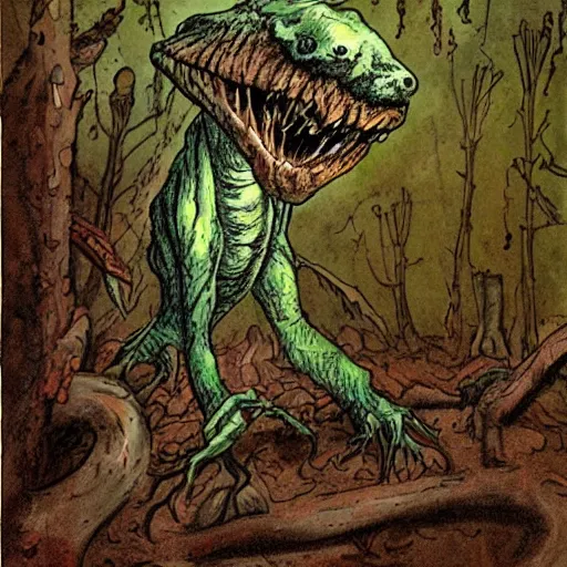 Prompt: eldrich swamp creature lives in basement, colored, high detail, realistic