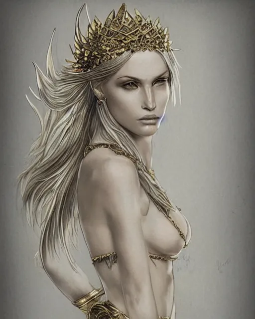 Image similar to tattoo sketch of hot blonde super model as aphrodite the greek goddess wearing a gold laurel wreath and triangle earrings, beautiful piercing gaze with sharp pupils, in the style of greg rutkowski, fantasy, amazing detail, epic, elegant, smooth, sharp focus, front view