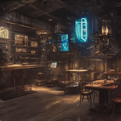 Image similar to Interior Concept design Tavern in Mixed style of Medieval and in style of Cyberpunk, Many details by Hiromasa Ogura. More cyberpunk less Medieval. Panorama 360 degrees Rendered in unreal engine 5, artstationHD, 4k, 8k, 3d render, 3d Houdini, cinema 4d, octane RTX volumetric natural light