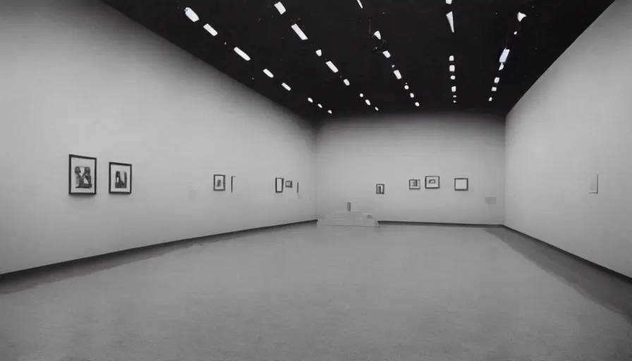 Image similar to 60s movie still of a sovietic stalinist style empty art museum with a soviet congress with yellow wall, ROLLEI SUPERPAN 200, liminal Space style, heavy grain