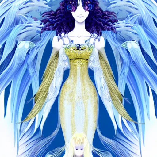 Prompt: anthropomorphic angel with betta fish dress, white and gold color palette, by Yoshitaka Amano, ethereal, dreamy, god rays