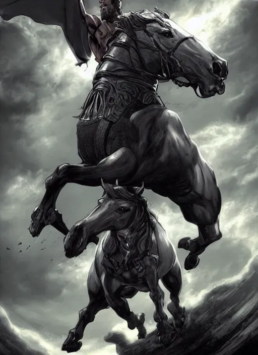 Prompt: chonky ethan van sciver with a bald head and grey trimmed beard with a pointy nose as the first horseman of the apocalypse riding a strong big black stallion, horse is up on its hind legs, beautiful artwork by artgerm and rutkowski, breathtaking, beautifully lit, dramatic, full view