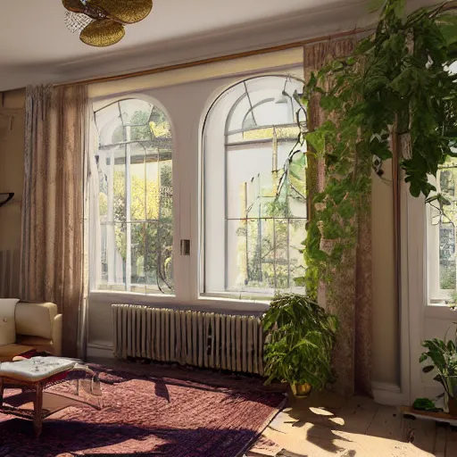 Prompt: beautiful rendering of an interior scene, english retro living room with sunlight coming from the window, plants and roses as accents, gold glittering ornaments, trending on behance, by raphael lacoste and craig mullins, rule of thirds, 8 k resolution, unreal engine, rendered in maya, detailed, wide - angle lens, two - point perspective, light effect, overall color balance