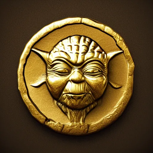 Image similar to An ancient gold coin with the Yoda on it along with ancient writing and its value, cinematic, hyper realism, high detail, octane render, 8k