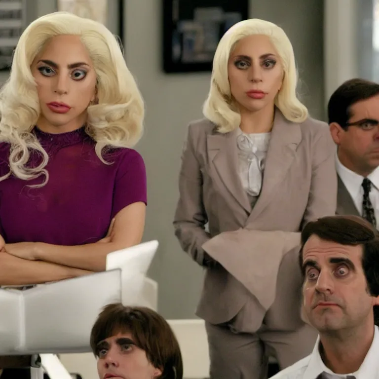 Image similar to confused lady gaga looking at the camera, from the office ( 2 0 0 5 ), detailed background, in the middle of dwight schrute and michael scott. uhd, low light, cinematic, realistic, clear face, clear eyes.