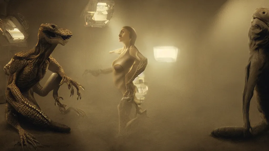 Image similar to movie scene of a human girl and a reptilian humanoid, reptile, reptilian, movie still, cinematic composition, cinematic light, criterion collection, re imagined by industrial light and magic, Movie by Andrzej Żuławski