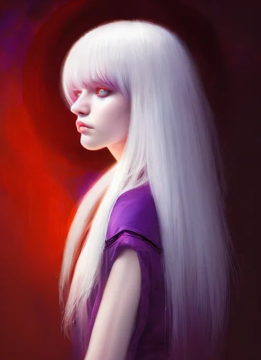 Image similar to hair whitebangs hair, white hair, whitebangsblackhair, portrait of teenage girl with white bangs, red irises, purple clothes, intricate, elegant, glowing lights, highly detailed, digital painting, artstation, concept art, sharp focus, illustration, art by wlop, mars ravelo and greg rutkowski