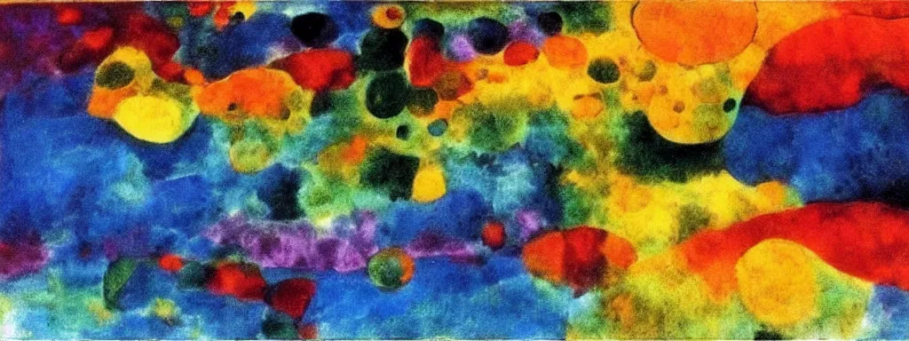 Image similar to Psychedelic sci-fi dreamworld. Landscape painting. Organic. Winding rushing water. Waves. Clouds. Emil Nolde. Paul Klee.