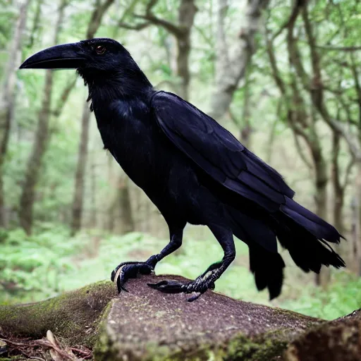 Prompt: anthropomorphic crow werecreature, photograph captured in a forest