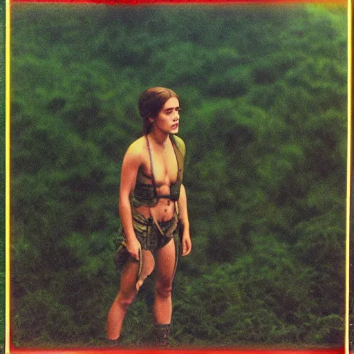 Image similar to film still, extreme far view, emma watson vietnam door gunner, film still from apocalypse now ( 1 9 7 9 ), 2 6 mm, kodak ektachrome, blue tint expired film,